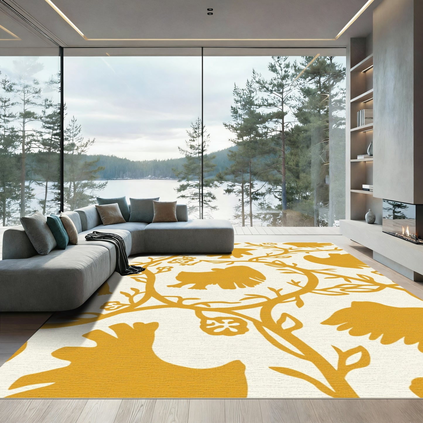 Golden Ochre Bird Blossom Vine Rug