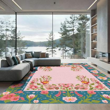 Pink and Teal Floral Border Rug