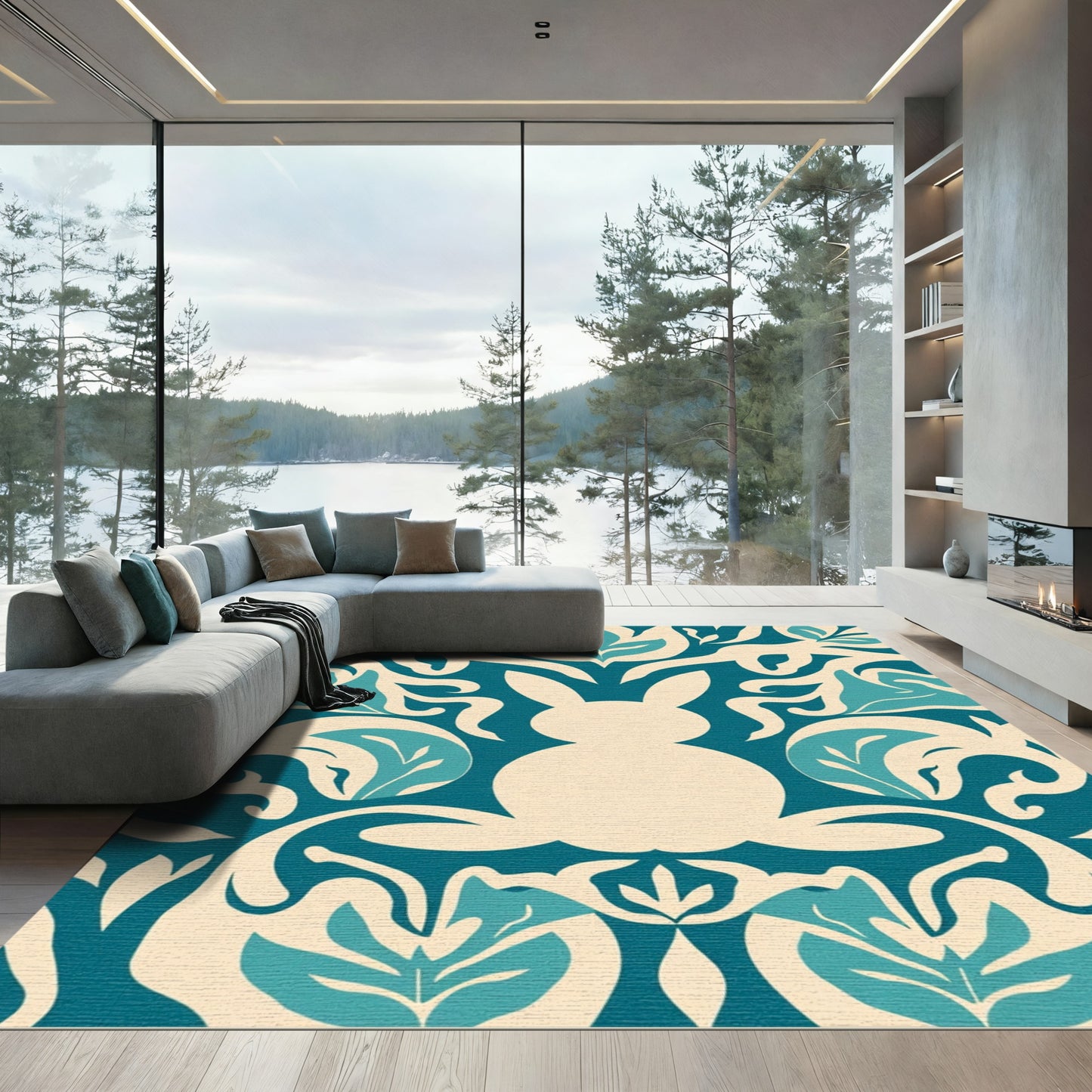 Cream Teal Hare Floral Composition Rug