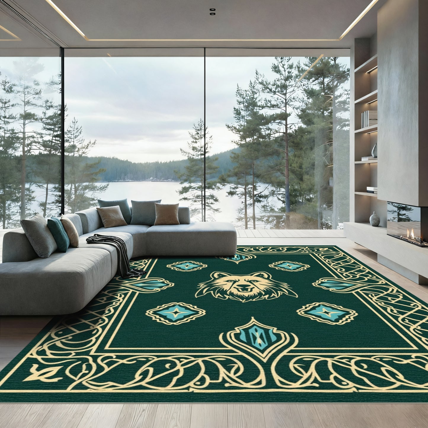 Emerald Wolf Crest Tribal Rug