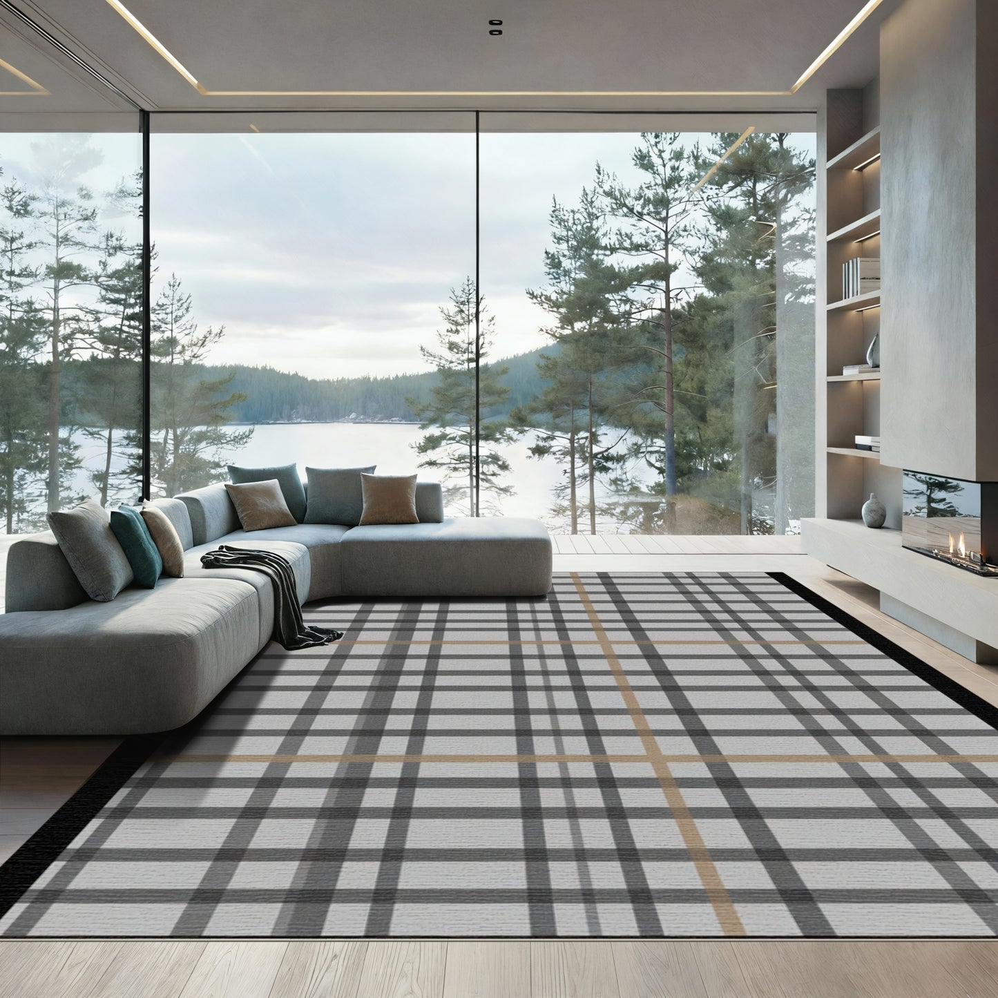 Classic Tan Gray Plaid Lines Rug