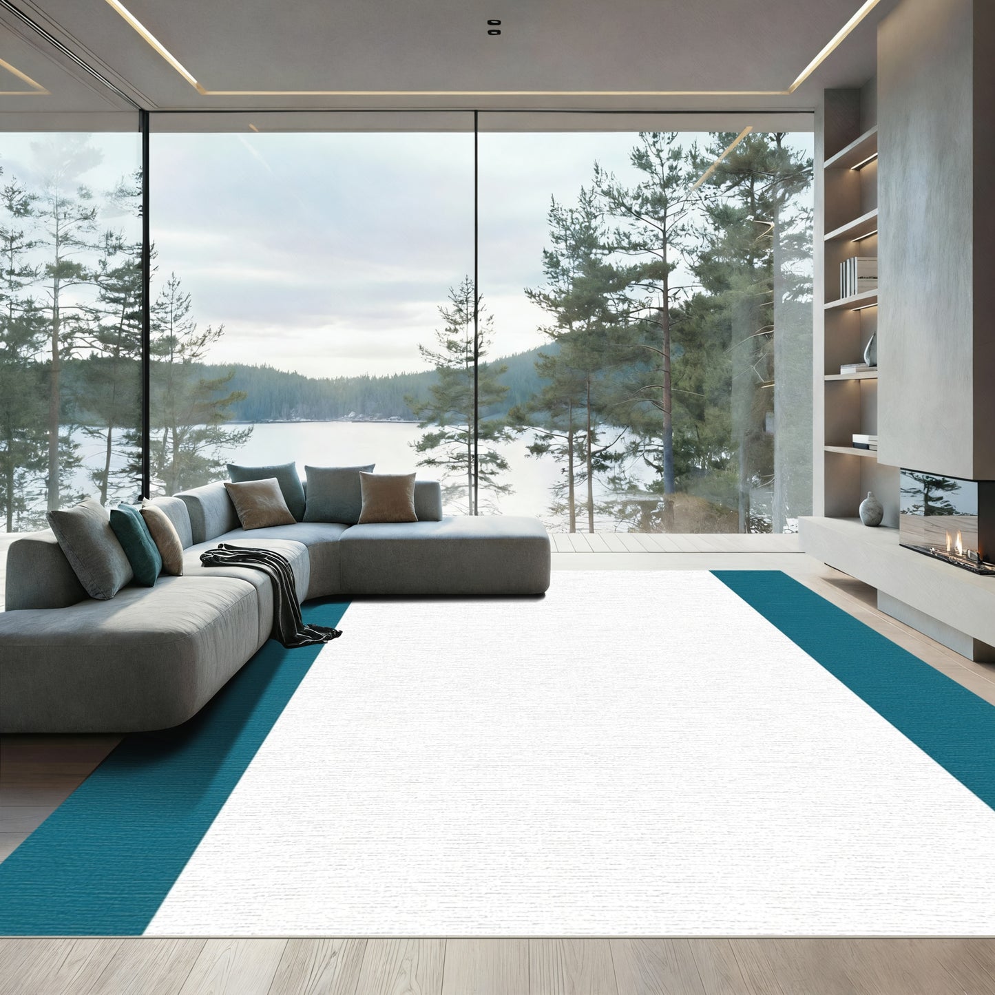 Teal Coastal Border Abstract Rug