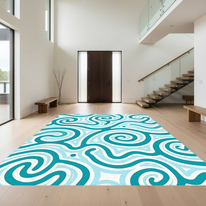 Teal Abstract Swirling Curls Rug