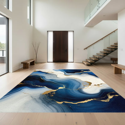 Navy White Gold Veined Fluid Rug