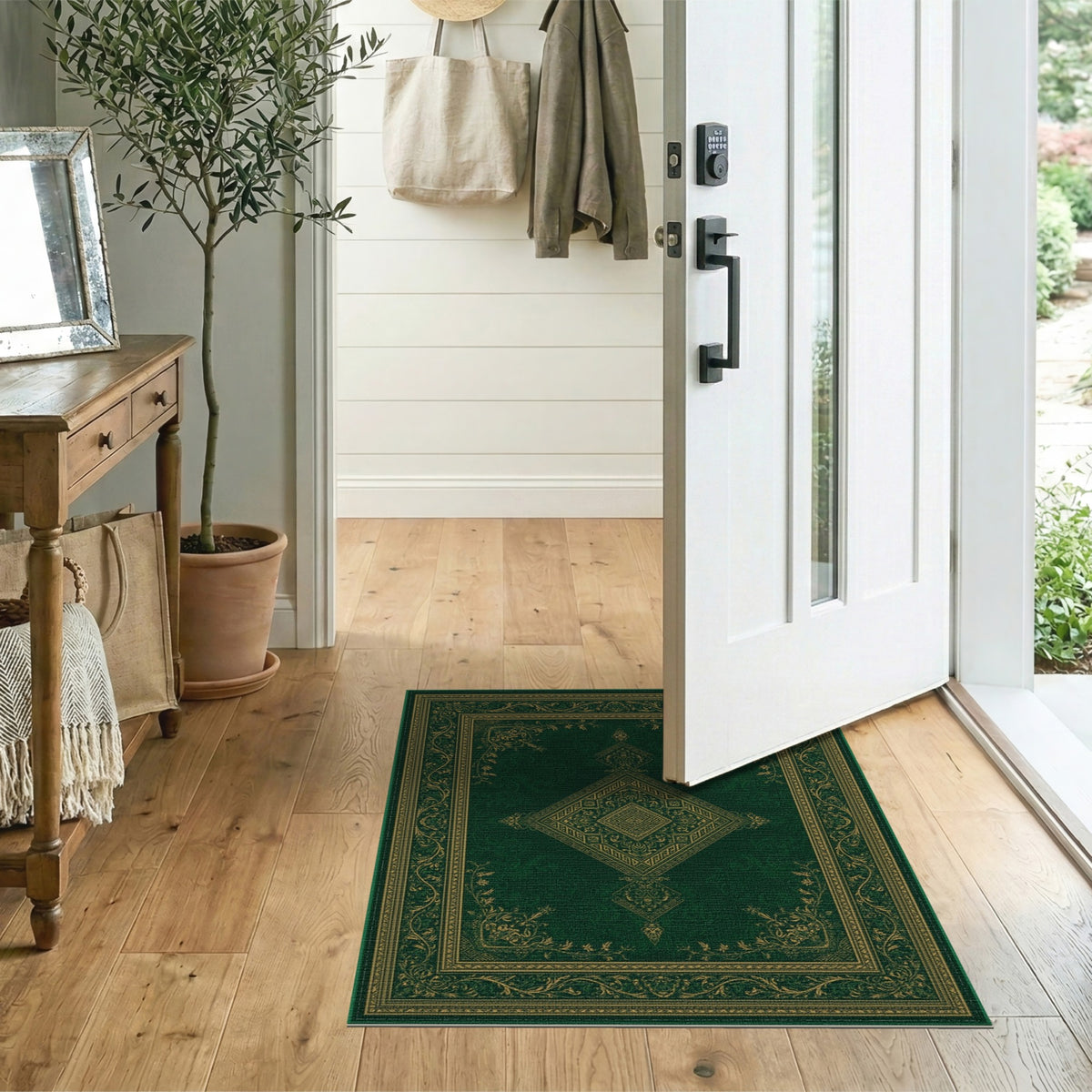 Green Persian Area Rug with Gold Medallion