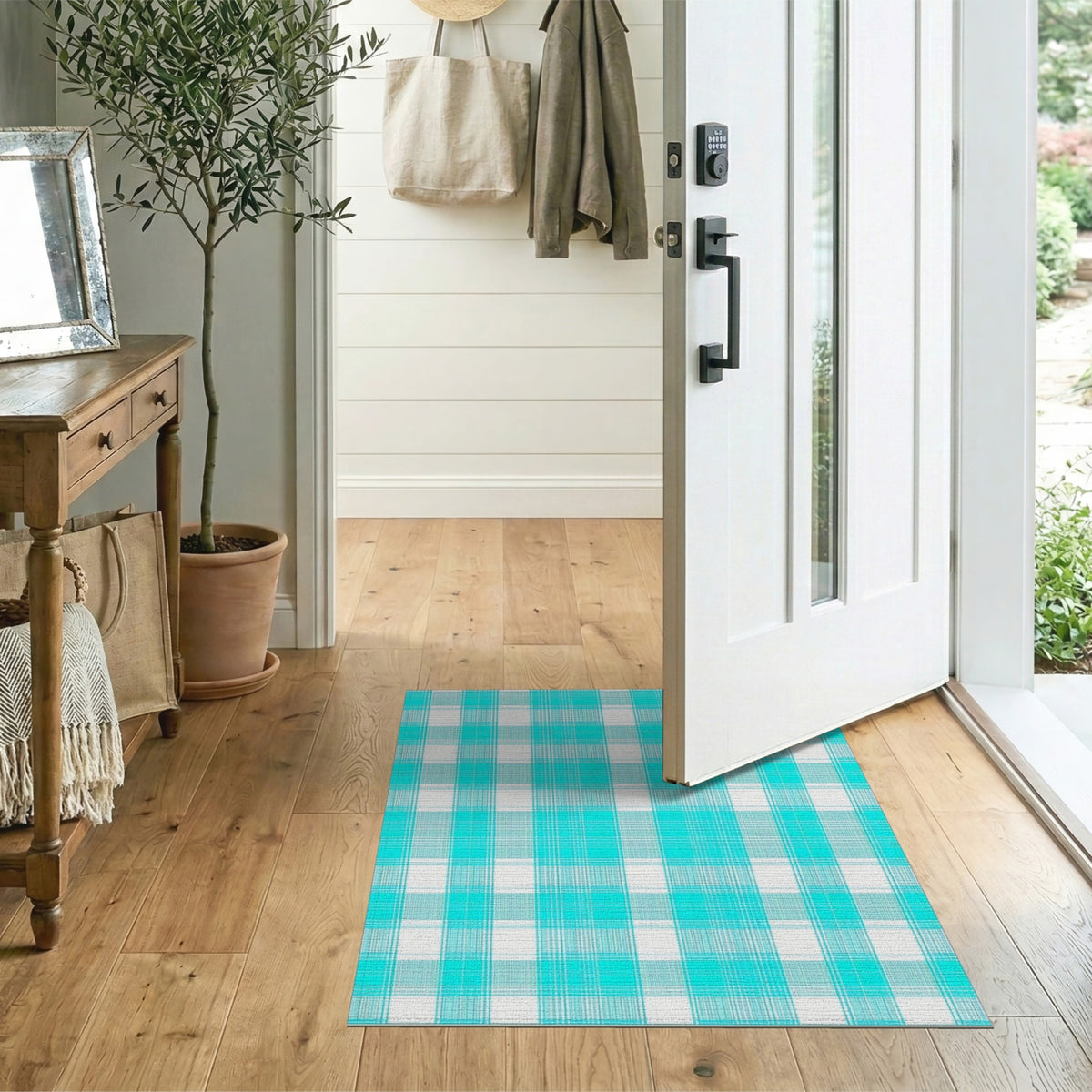 Turquoise Plaid Washable Area Rug