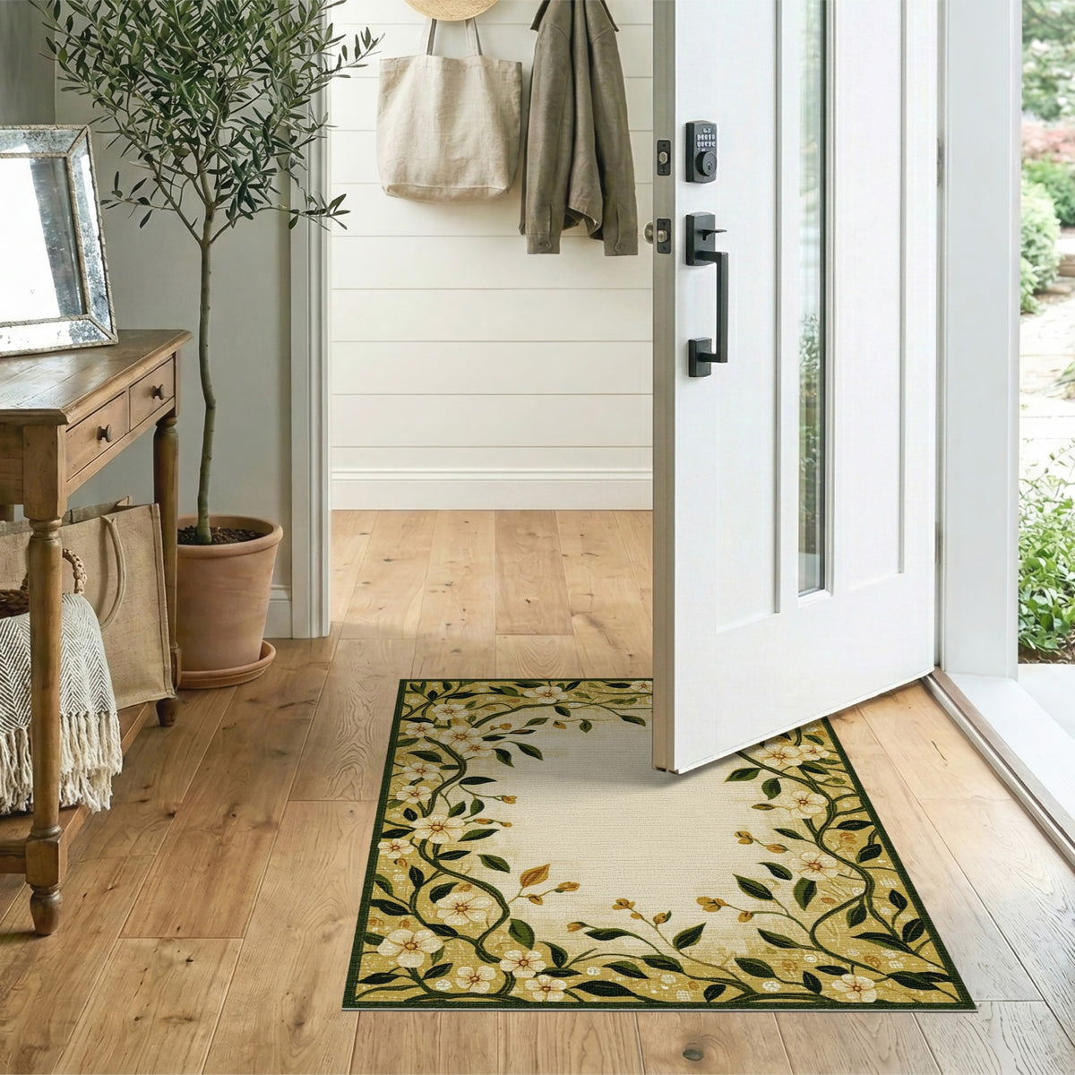 Yellow Floral Vine Border Area Rug