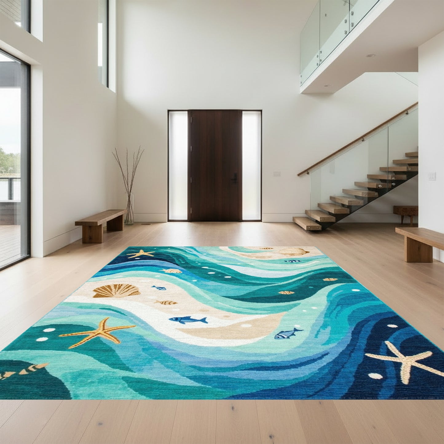 Teal Waves Starfish Seashell Beach Rug