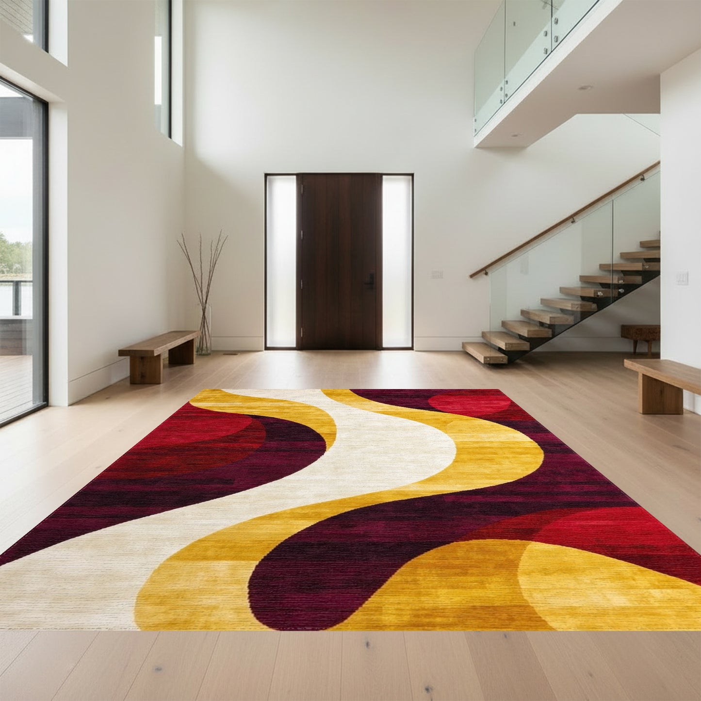 Abstract Gold Waves Red Circles Rug