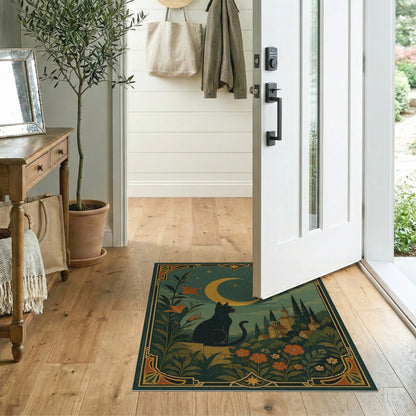 Moonlit Black Cat Floral Vintage Rug