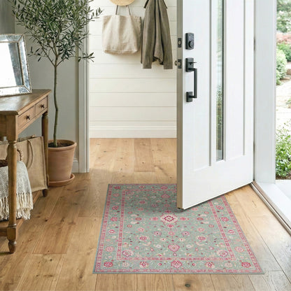 Mint Green Pink Floral Vintage Area Rug