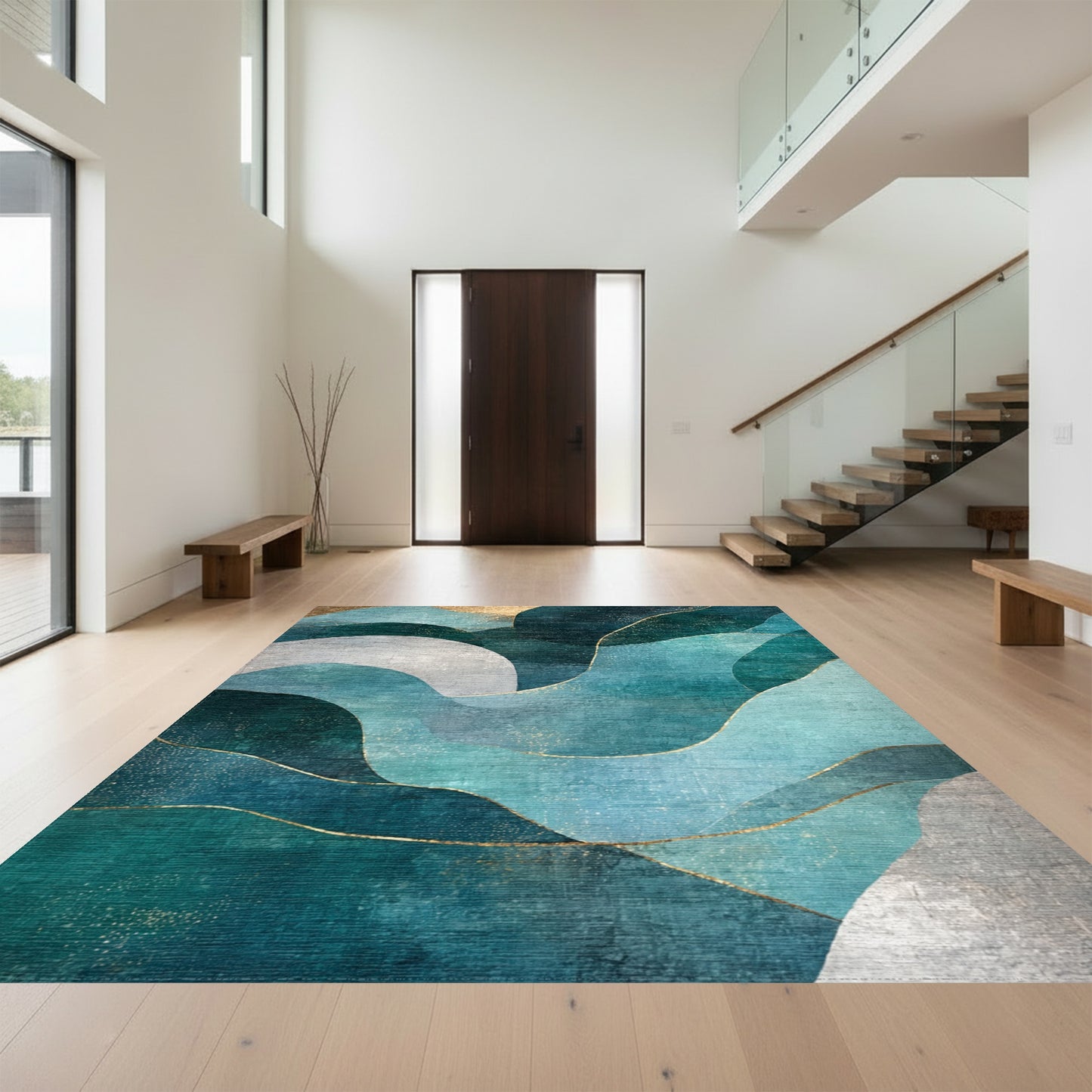 Teal Gold Fluid Wave Rug