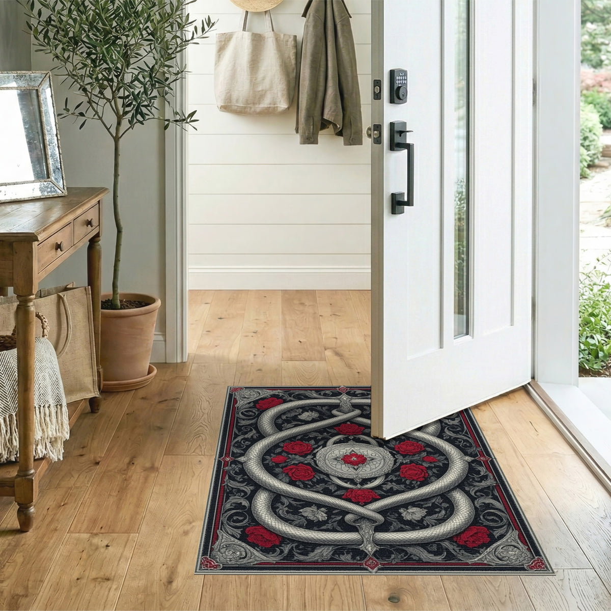 Silver Serpent Red Rose Area Rug