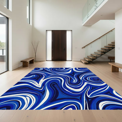 Navy White Swirling Waves Rug