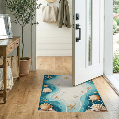 Blue Teal Coastal Seashell Starfish Area Rug