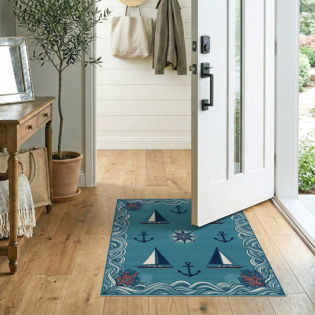 Coastal Blue Sailboat and Anchor Area Rug