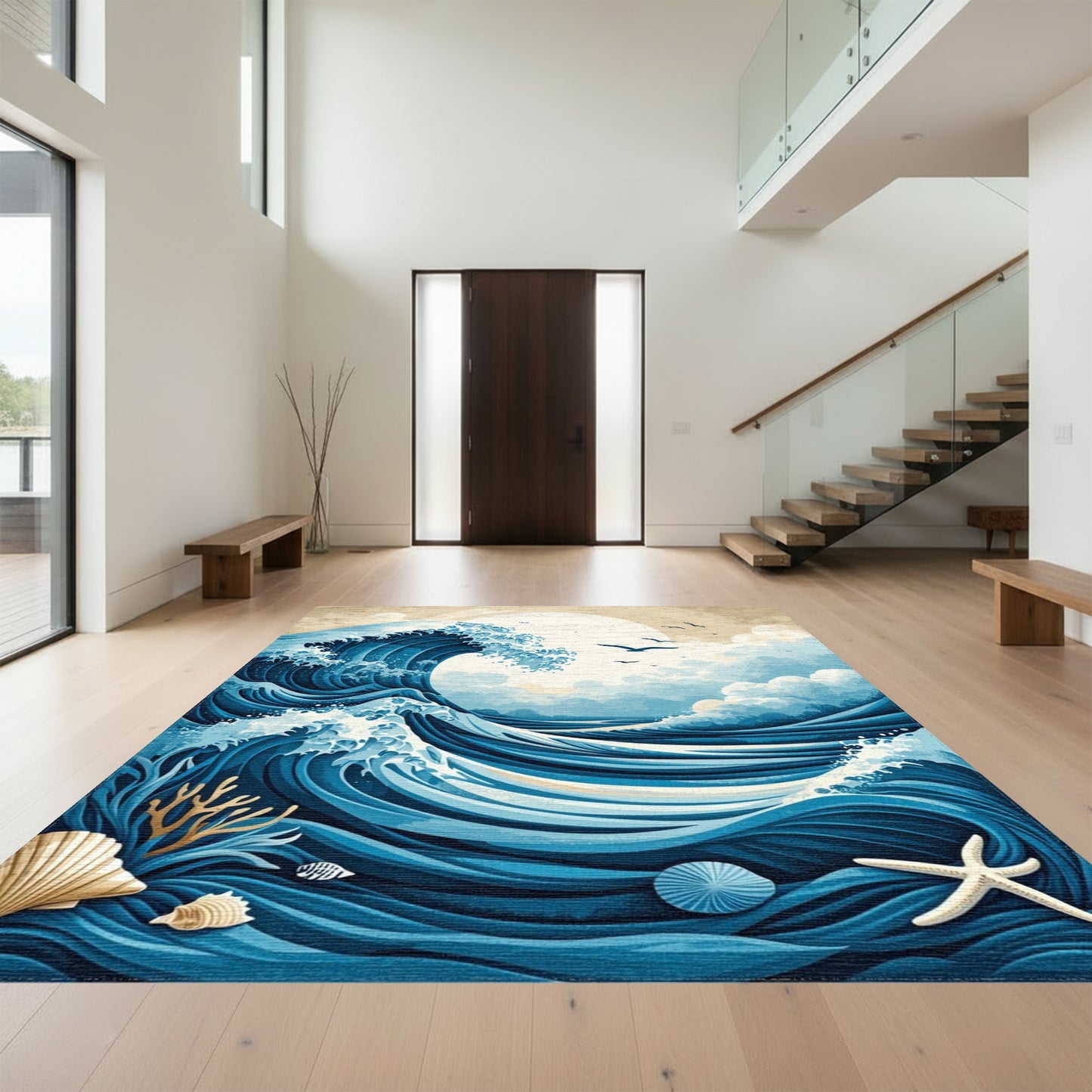 Blue Crashing Wave Moon Birds Rug