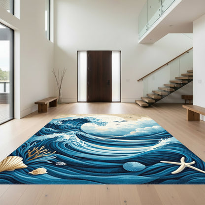 Blue Crashing Wave Moon Birds Rug