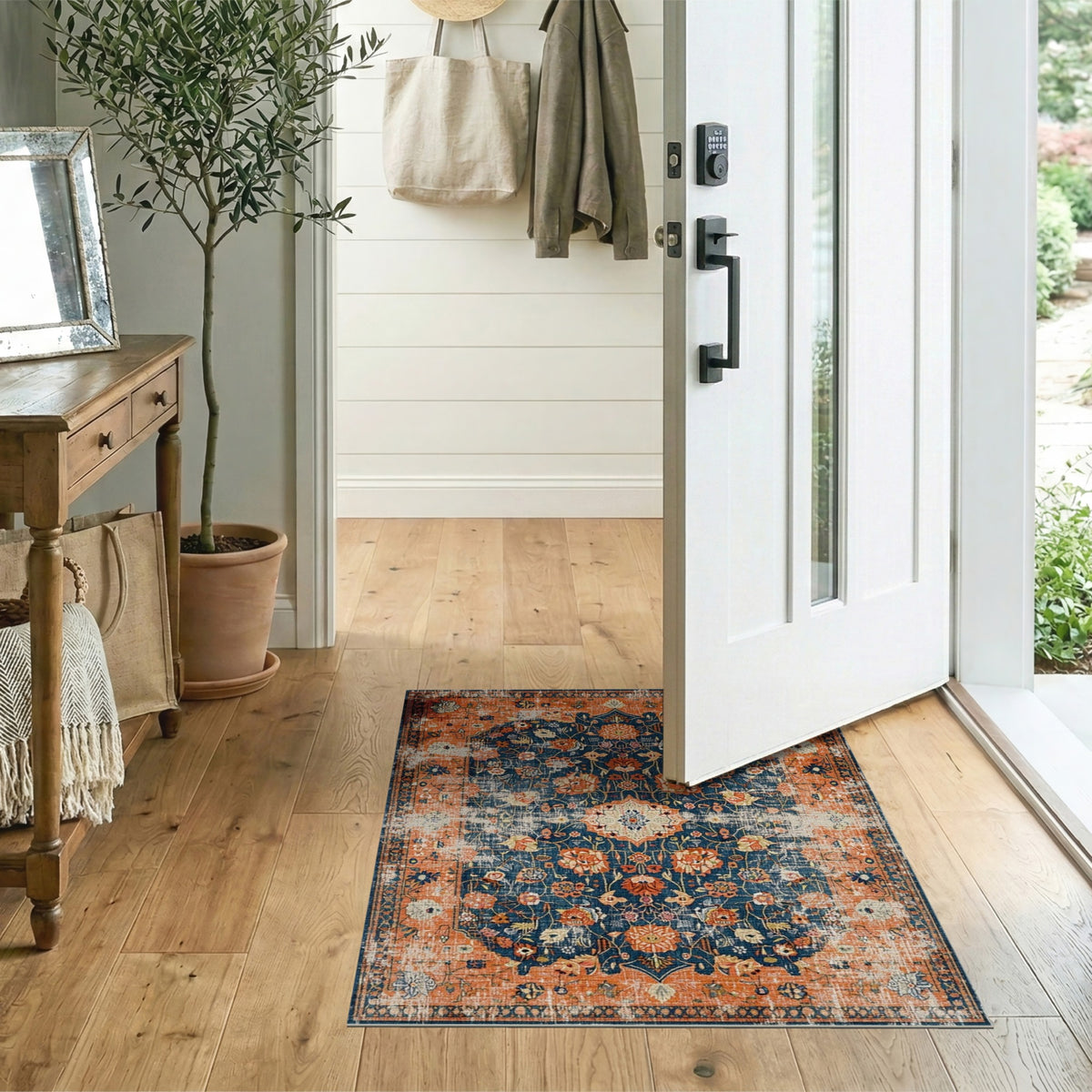 Distressed Orange Floral Vintage Area Rug