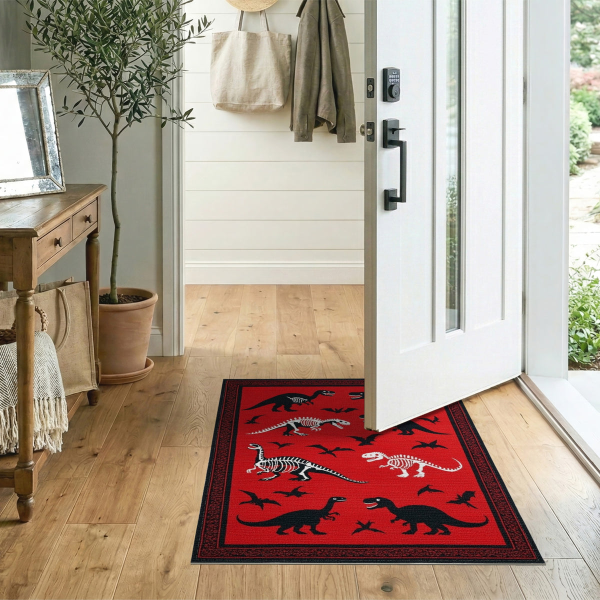 Red Dinosaur Skeleton Kids Area Rug