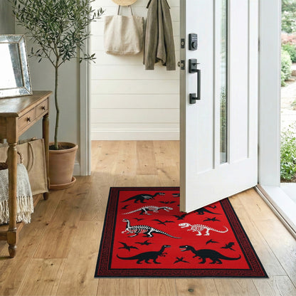 Red Dinosaur Skeleton Kids Area Rug