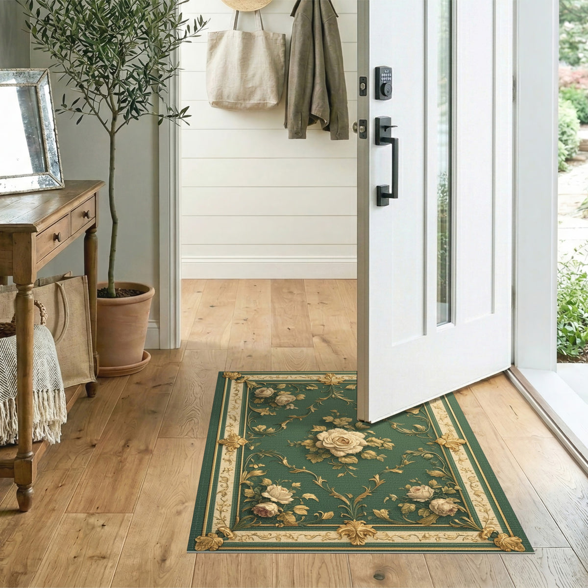 Green Rose Gold Ornate Floral Vintage Rug