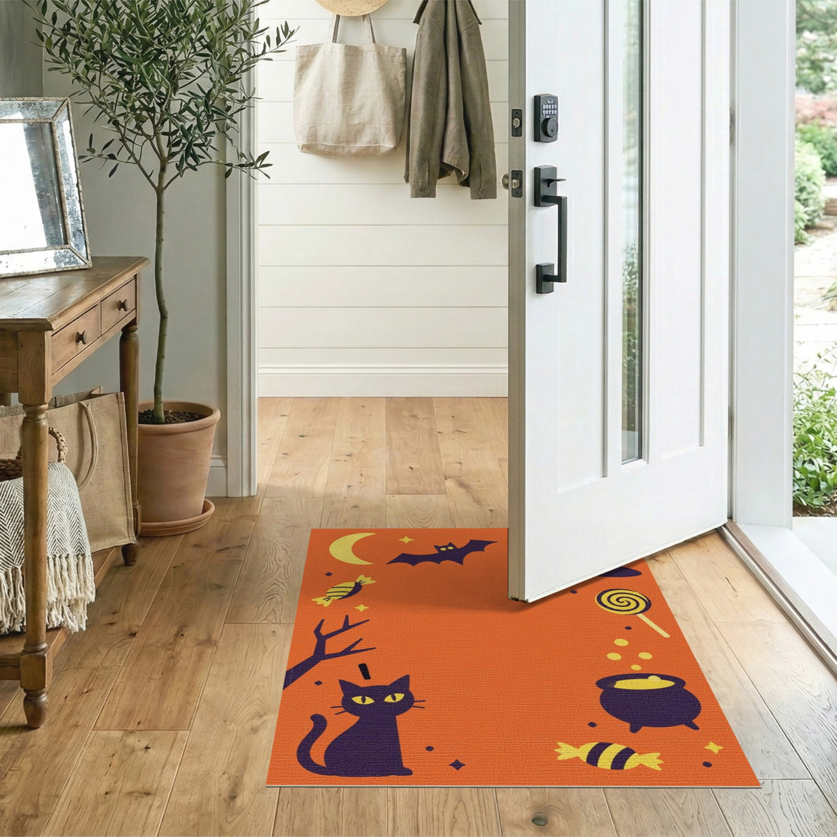 Orange Halloween Cat Bat Kids Cartoon Rug