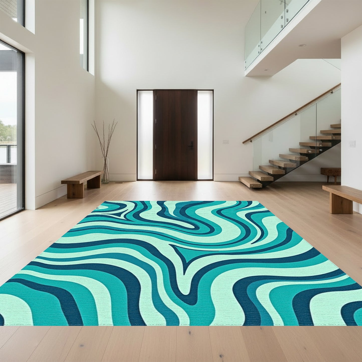 Teal Fluid Wave Abstract Rug