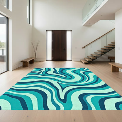 Teal Fluid Wave Abstract Rug
