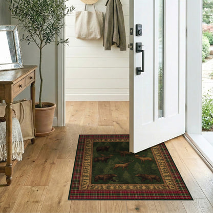 Rustic Bear Moose Forest Plaid Area Rug