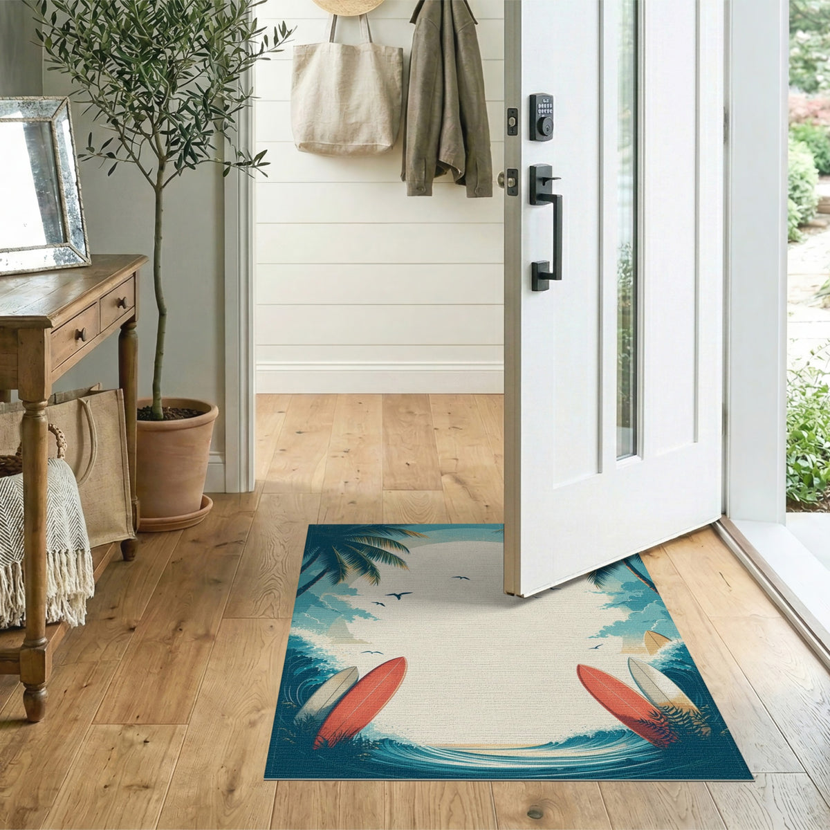 Blue and Teal Coastal Beach Surfboard Washable Area Rug