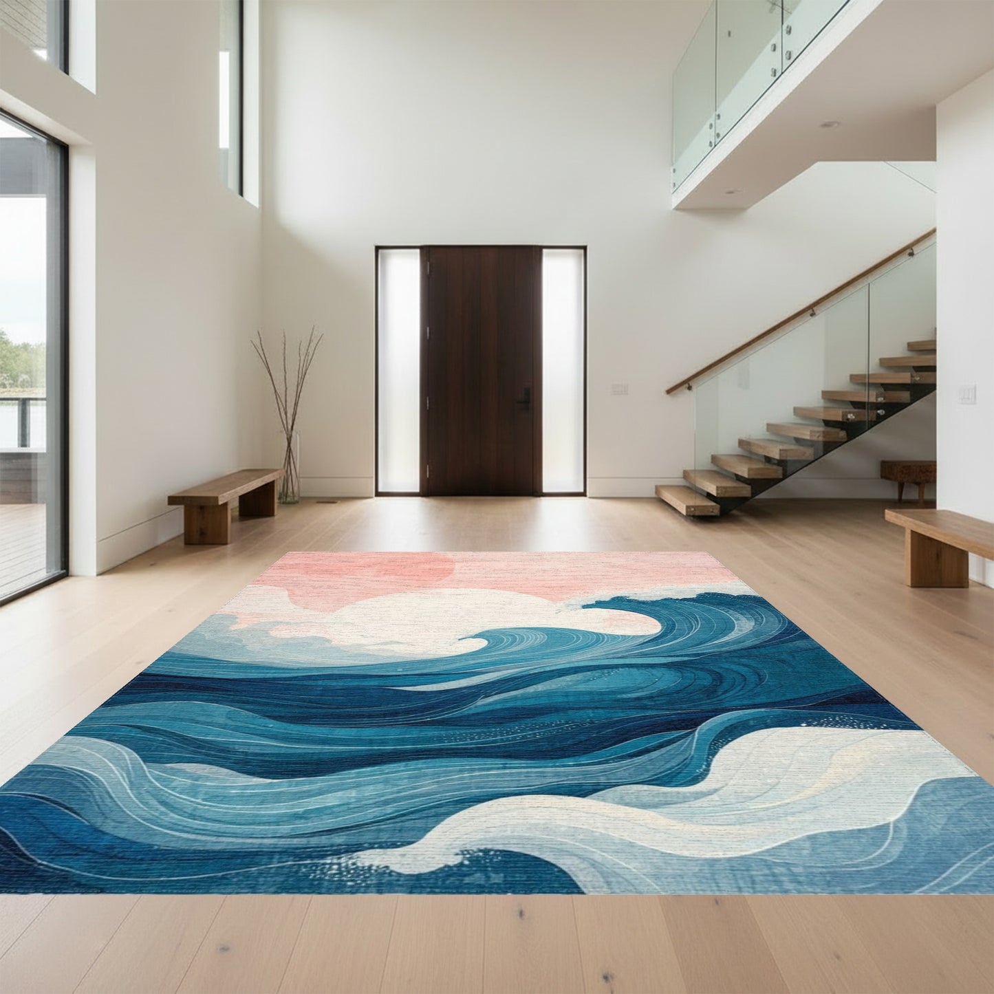 Abstract Pink Sun Blue Waves Rug