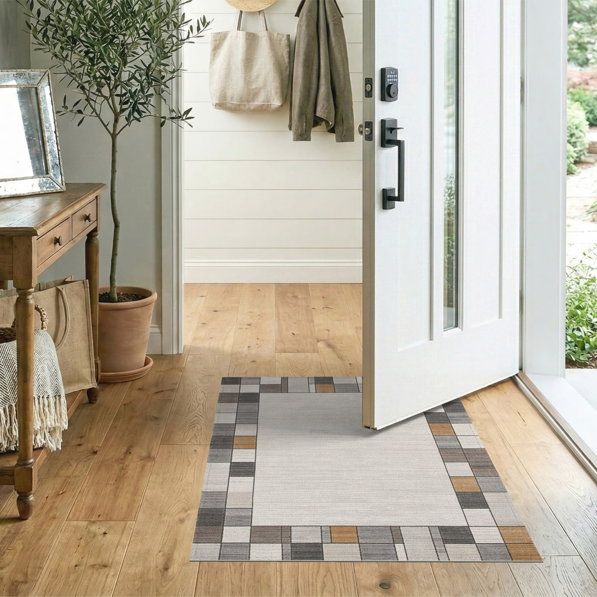 Beige Geometric Border No. 4 Area Rug