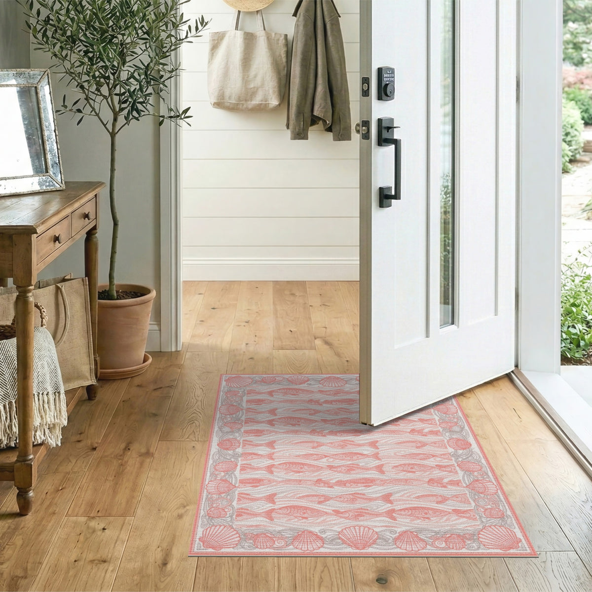 Pink Fish and Seashell Washable Area Rug