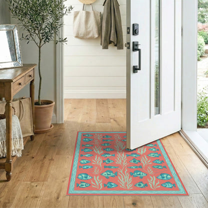 Blue Fish Coral Washable Area Rug