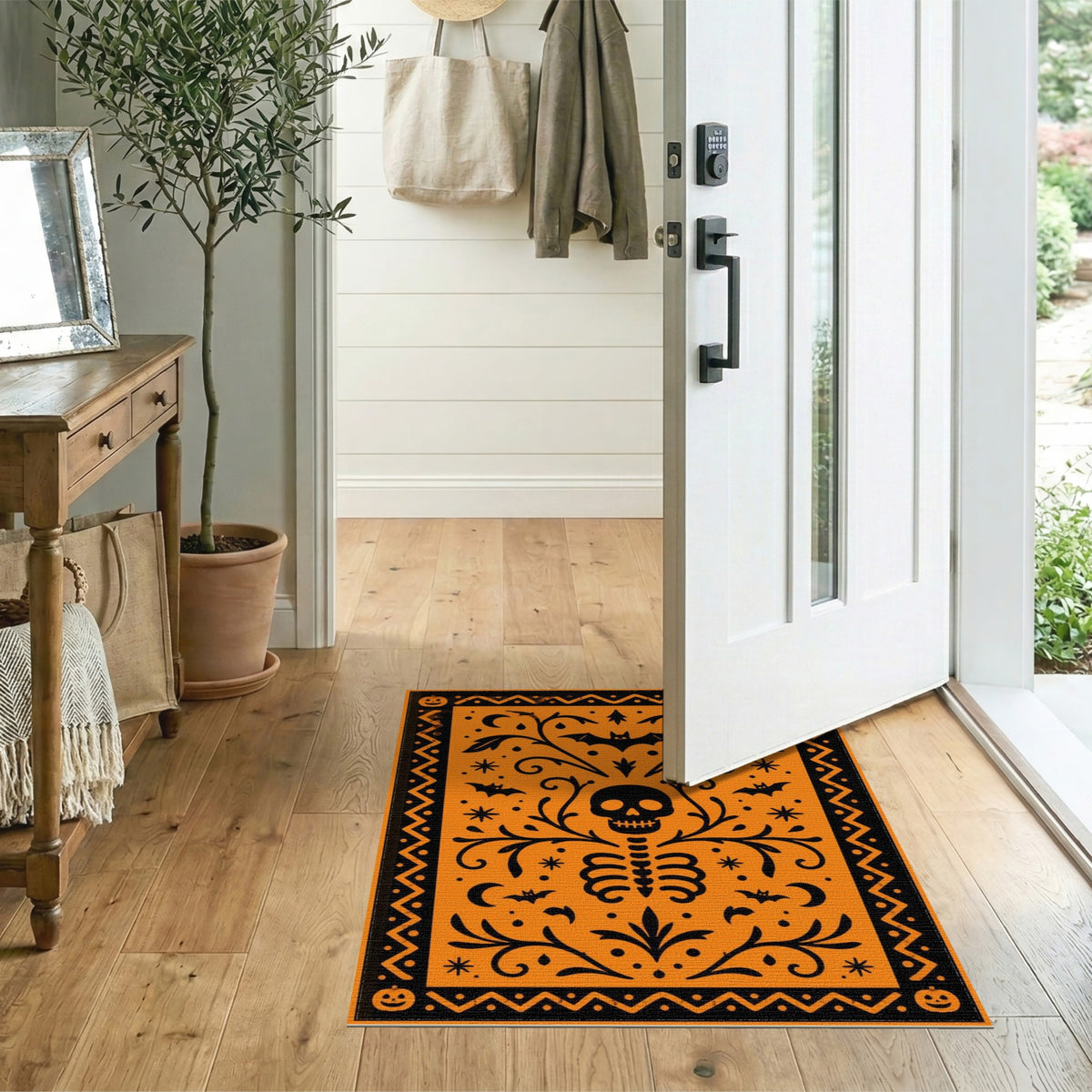 Orange Halloween Skeleton Area Rug