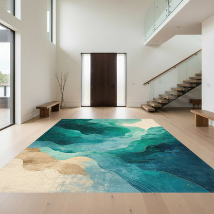 Teal Gold Fluid Wave Rug