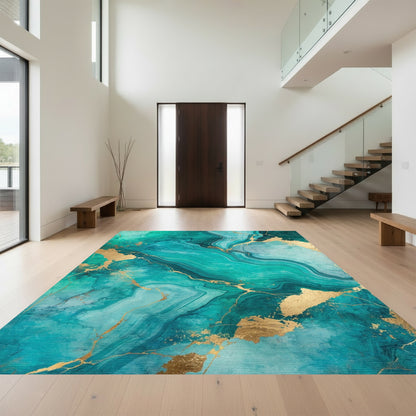 Teal Gold Veined Marble Rug