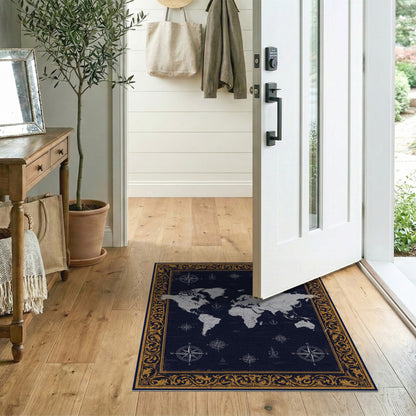 Navy Vintage World Map Rug with Gold Border