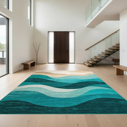 Layered Teal Beige Waves Rug
