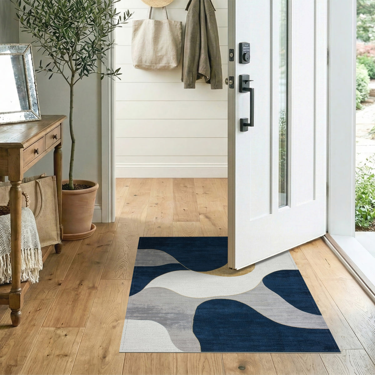 Navy Gold Abstract Wave Area Rug