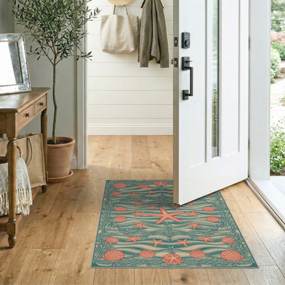 Teal Coastal Starfish and Seashell Area Rug