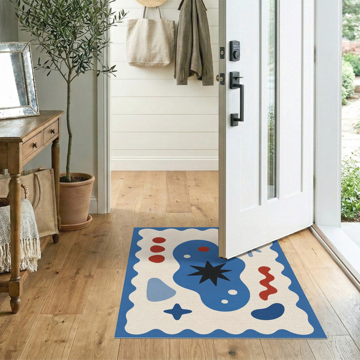 Abstract Blue Star Area Rug with Wavy Border