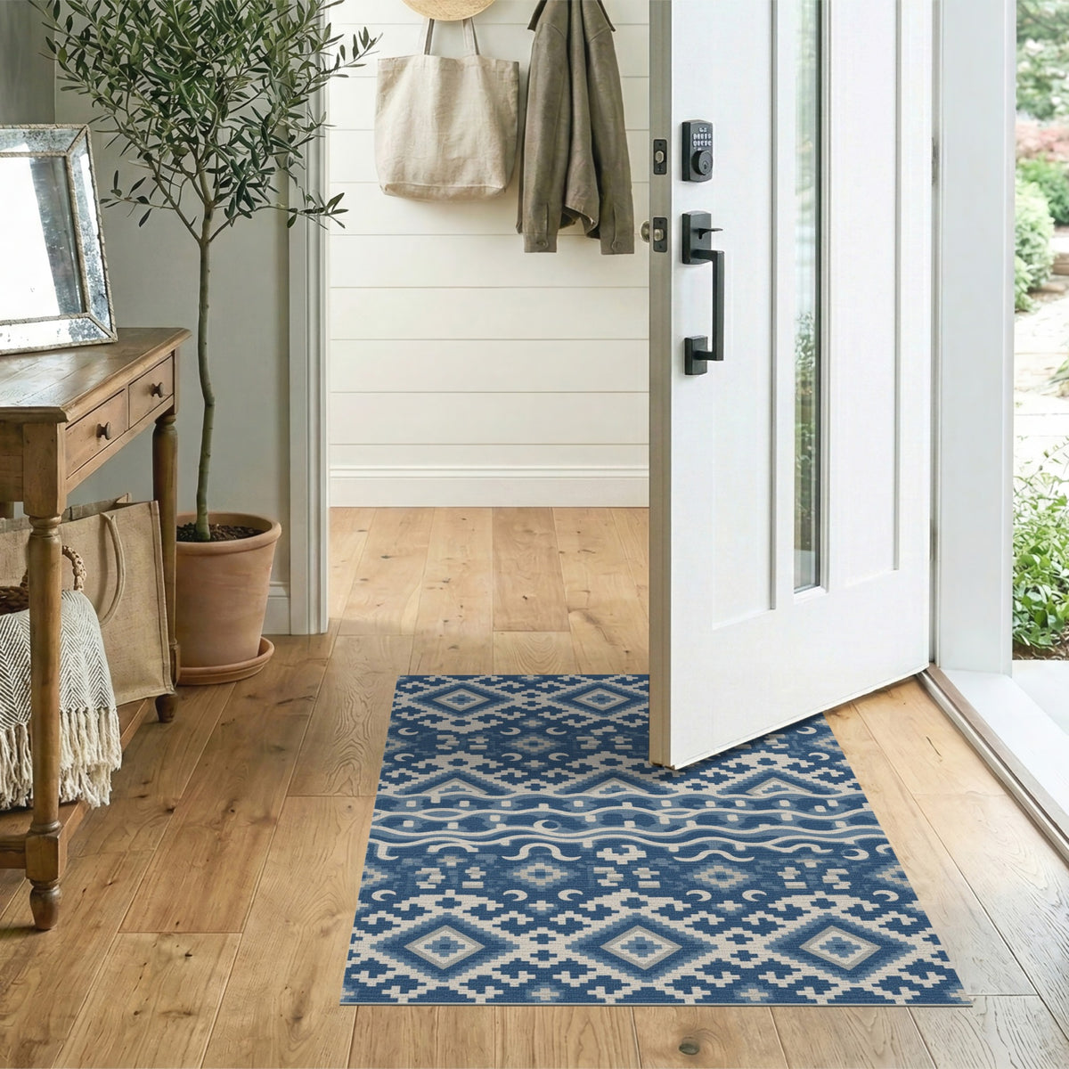 Blue and Teal Washable Blue Geometric Washable Area Rug