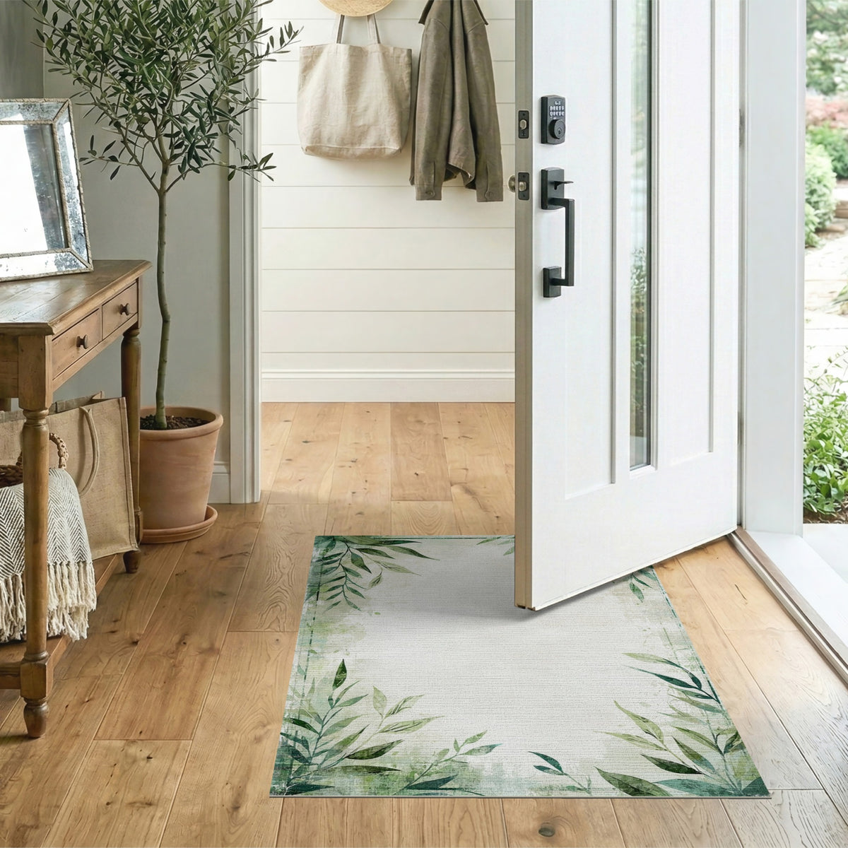 Green Botanical Leaves Distressed Area Rug