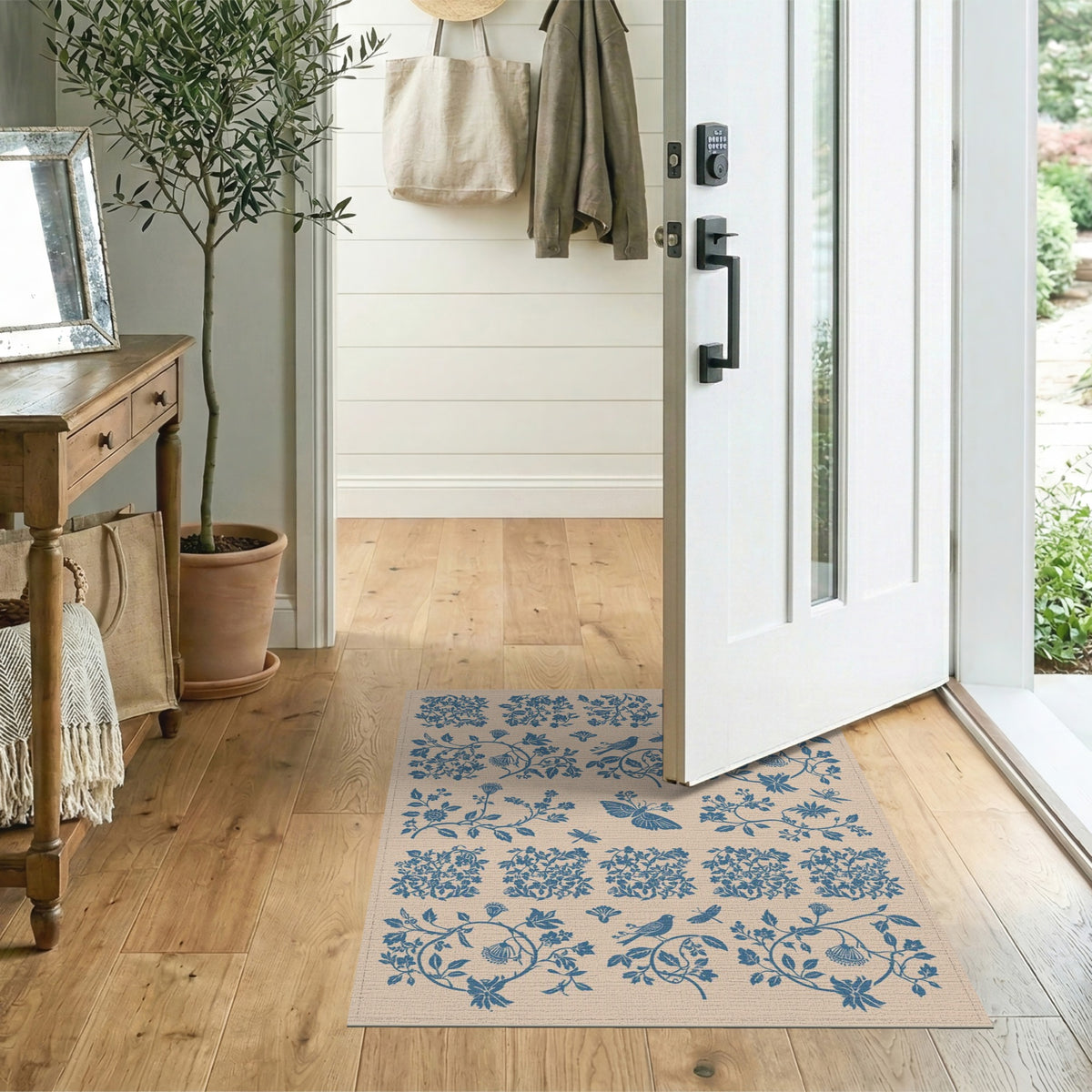Blue and Teal Blue Floral Bird Vintage Area Rug