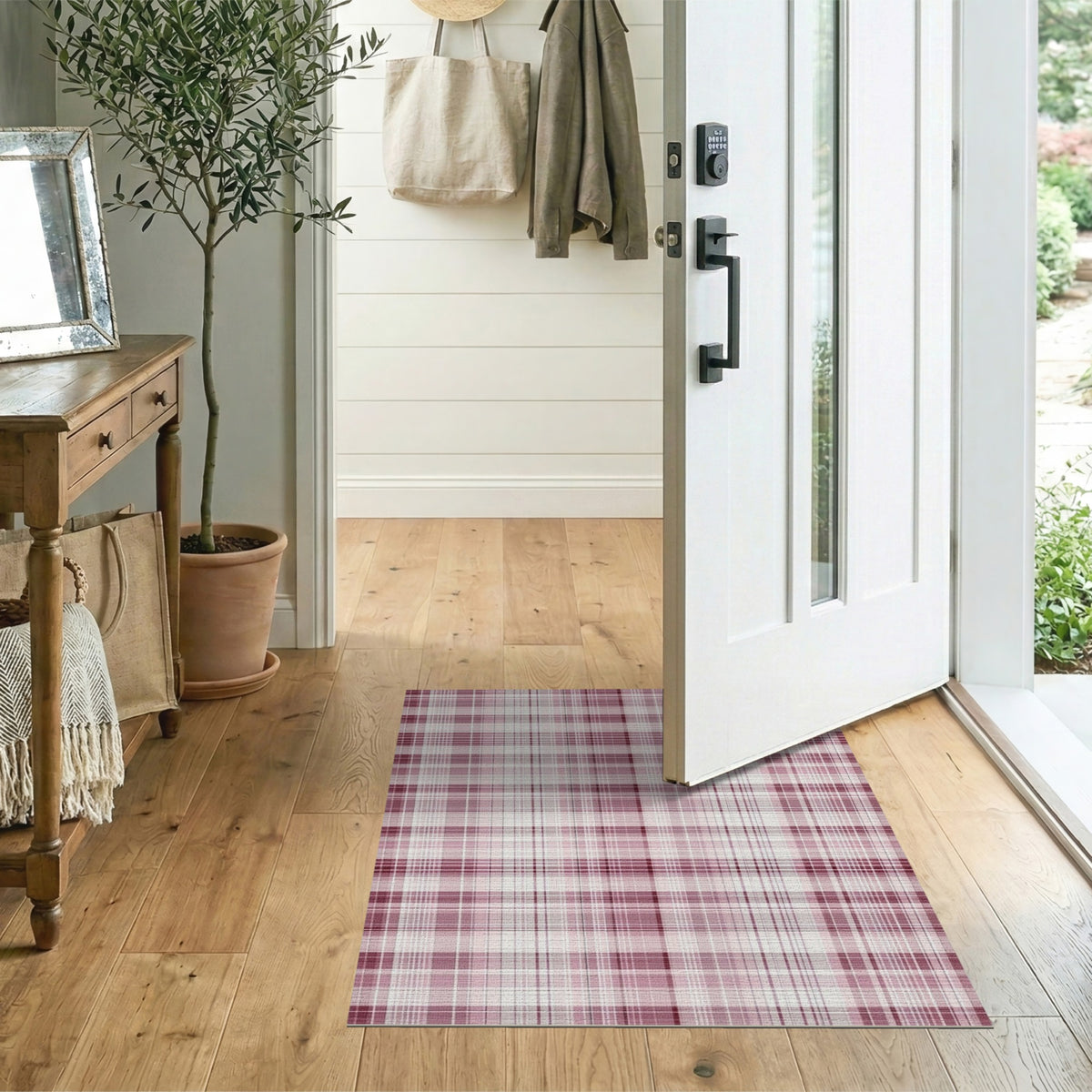 Pink Plaid Geometric Area Rug