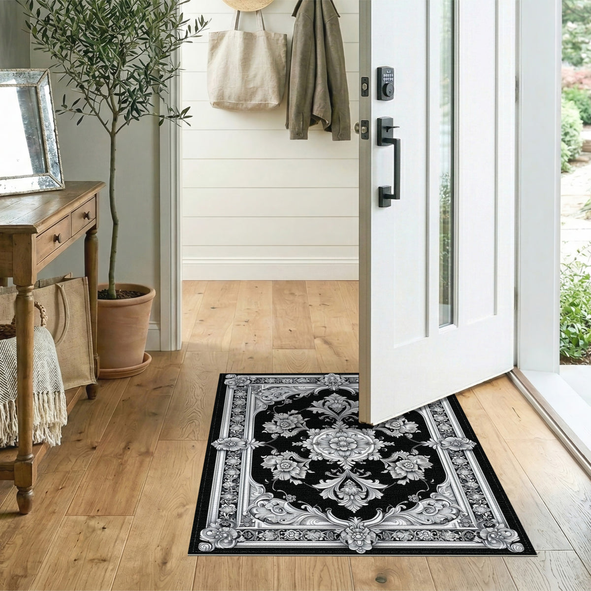 Black White Ornate Floral Vintage Rug