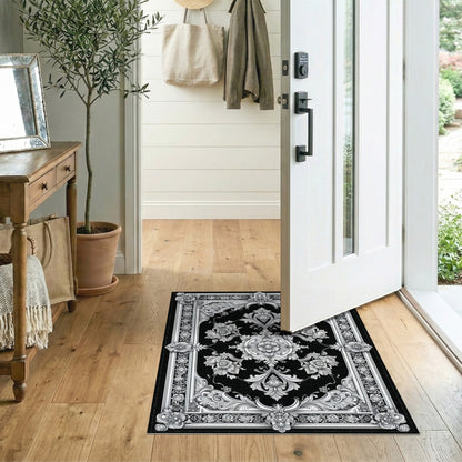 Black White Ornate Floral Vintage Rug