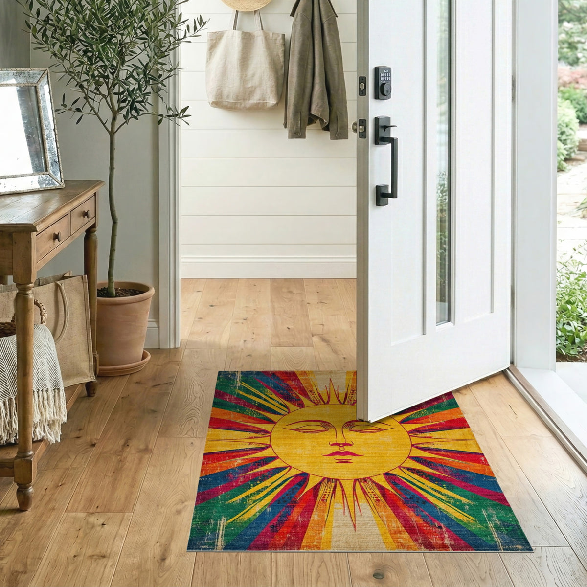 Vibrant Sun Face Distressed Vintage Rug